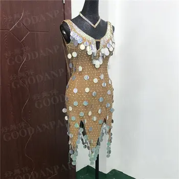 

GOODANPAR Women Sleeveless Sequin Lycra Latin Dance Dress Salsa Samba Costume With Bodysuit Bra Cups Competition Dance Wear