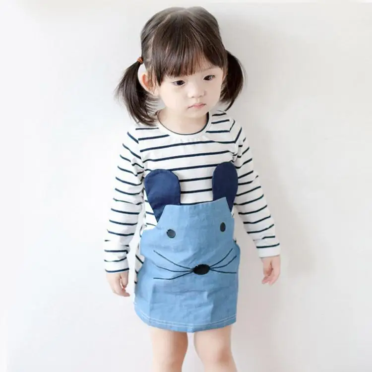 

2017 Brand Autumn and winter Girl Dresses Long Sleeve Cute Mouse Children Clothing Kids Girls Dress Striped Denim Kids Clothes