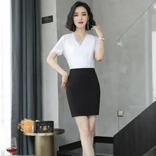 Модная форма дизайн v-образным вырезом белая юбка костюмы 2 шт. с топами и юбкой для женщин дамы блузки и рубашки наборы плюс размер