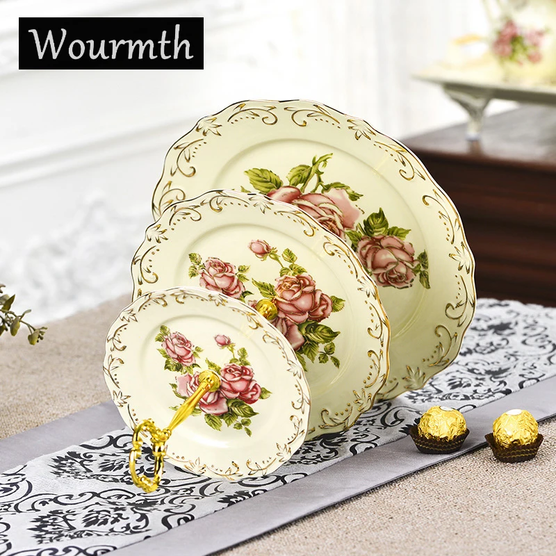 

European style Rose Flower Design Tableware Fruit Plate Ivory Porcelain Household Ceamic Dishes Nuts Tray Gift China Porcelain