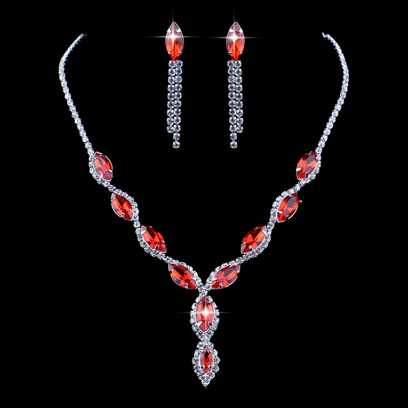 Модные свадебные ювелирные наборы с серебряным покрытием и синими кристаллами для женщин, длинное ожерелье и серьги с кисточкой в виде листьев, свадебные ювелирные наборы - Окраска металла: red