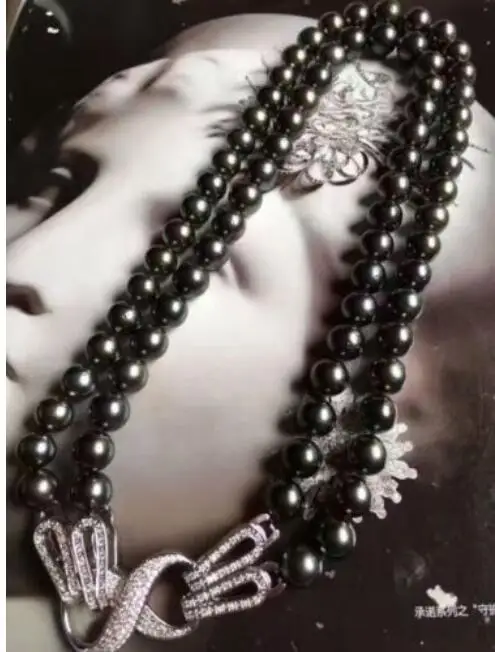 2 row 10-11 mm tahitian black green pearl necklace 18"19"