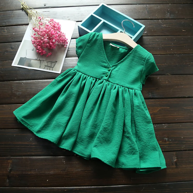Коллекция года, летние детские платья для девочек, повседневная одежда с бантиком и v-образным вырезом, милые вечерние льняные платья принцессы для маленьких девочек, красного, зеленого цвета