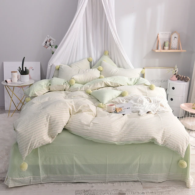 Cute ball Pink Green Stripe print 100cotton Bedding Set twin queen