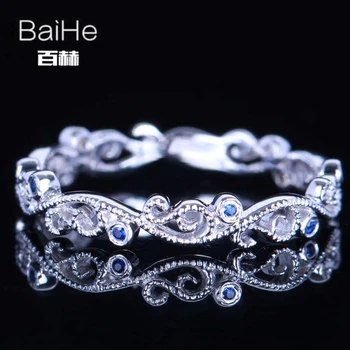 

BAIHE Solid 14K White Gold 0.04CT Round Genuine Sapphire Wedding Women Trendy Fine Jewelry Sapphire Ring
