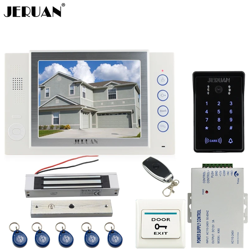 JERUAN 8 inch TFT video door phone Record intercom system New RFID waterproof Touch Key password keypad Camera 8G SD Card Free