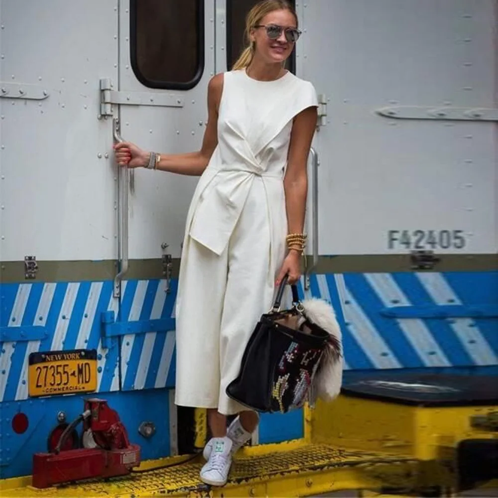 

2019 Summer Women Fashion White Jumpsuit Romper Short Sleeve O-Neck Casual Playsuit Overall Wide Leg Loose Ankle-Length Playsuit