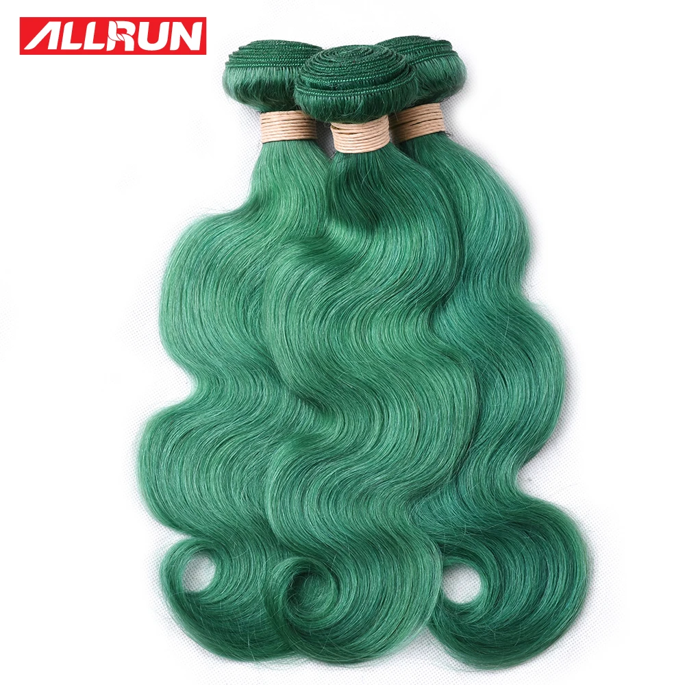 ALLRUN Brazilian Human Hair Weave Bundles Remy Hair Body Wave 1/3/4 Bundles 100% Human Hair Extension Green Colorful Dyed Hair