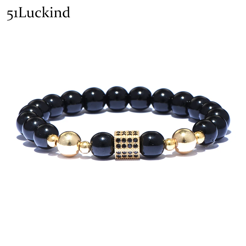 

Luxury Black Obsidian Mens Beads Strand Bracelet Charm Zirconia Handmade Men Yoga Meditation Braslet For Male Women Jewelry