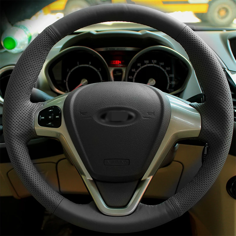 Блестящая пшеничная черная натуральная кожа ручная строчка для Ford Fiesta 2008-2013 |