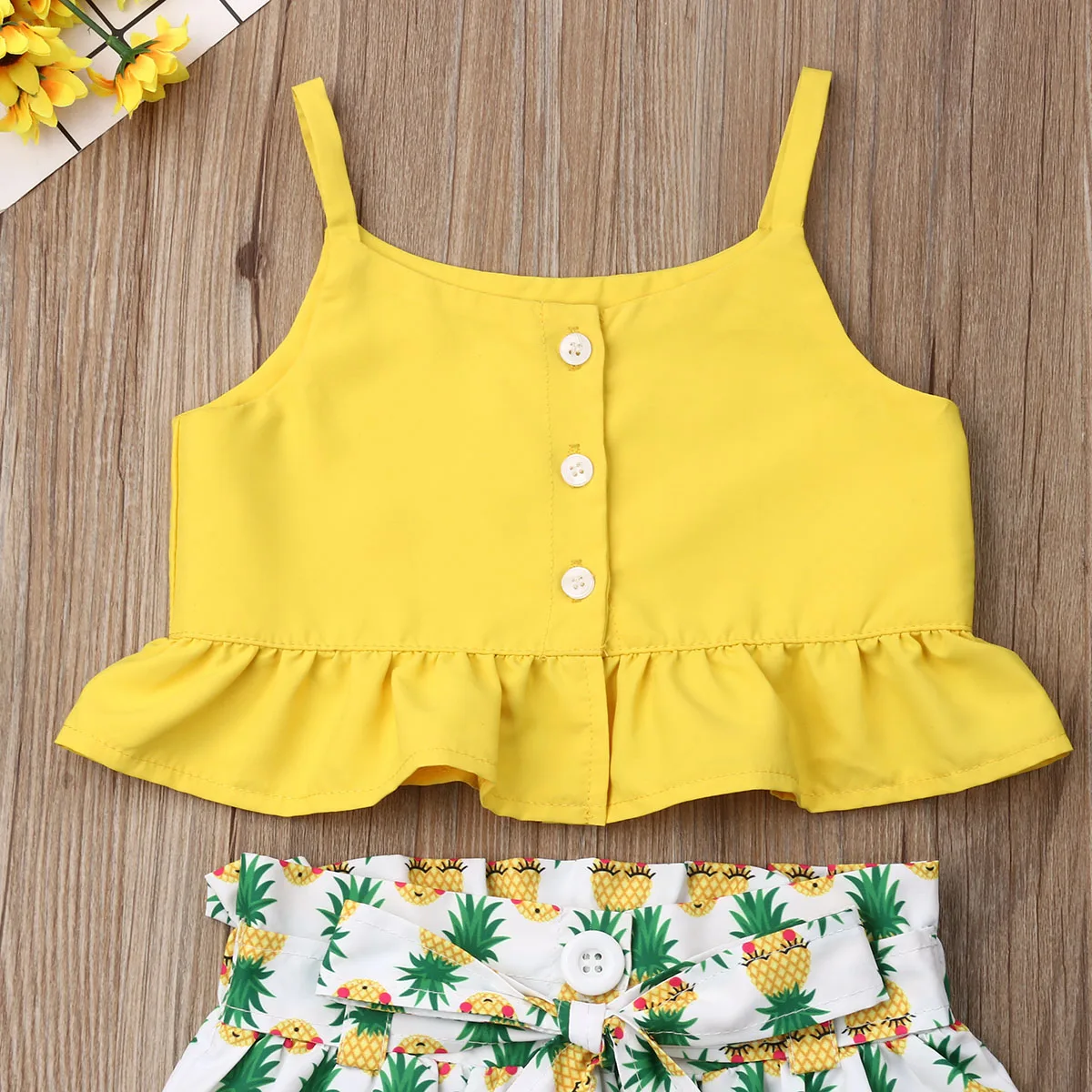 Imcute новейшая мода США 2 шт Дети новорожденных для маленьких девочек желтая кнопка слинг Короткие топы ананас юбочный наряд комплект летней одежды