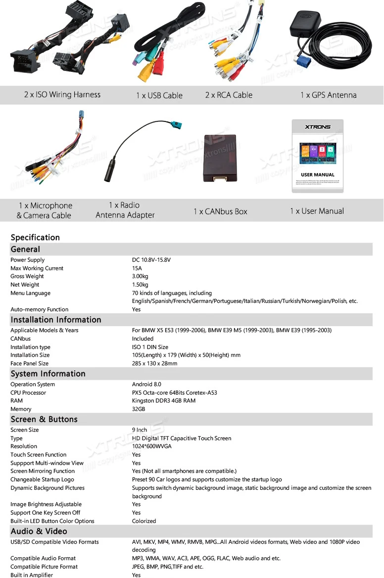 Best 9" Android 8.0 OS Car Multimedia GPS Radio for BMW X5 E53 1999-2006 & E39 M5 1999-2003 & E39 1995-2003 with 4GB RAM 32GB ROM 22