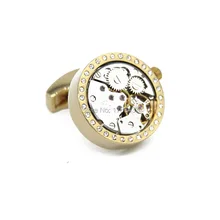Wholesale&retail 2015 New Functional Watch Movement Cufflinks White Crystal Best Gift cuff links Steampunk Gear cufflinks