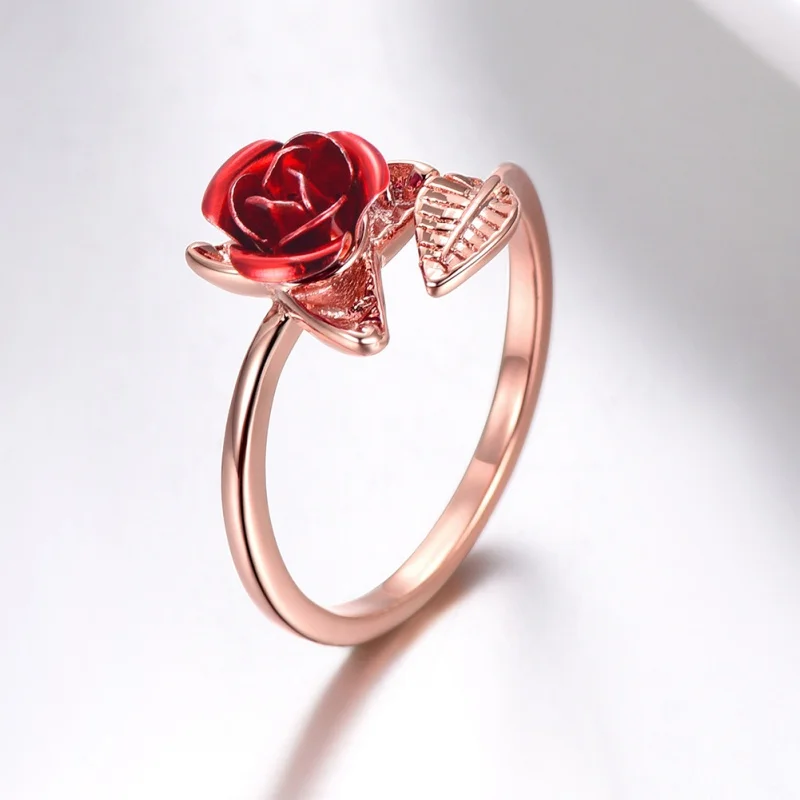 Party Favors Red Rose Garden Flower Leaves Resizable Finger Rings Women Valentine's Day Lover Wedding Decor Gift Jewelry Party