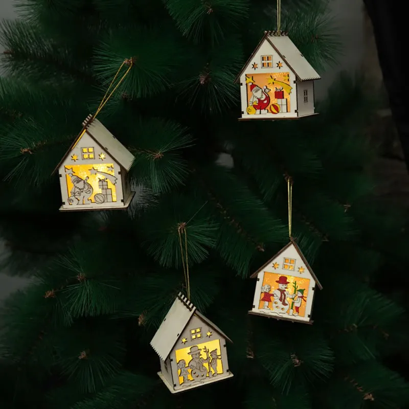 

Cute Led Light Wood House Pendant Christmas Ornaments Home Luminous Cabins Gift Wall Hanging Christmas Tree Decoration Navidad
