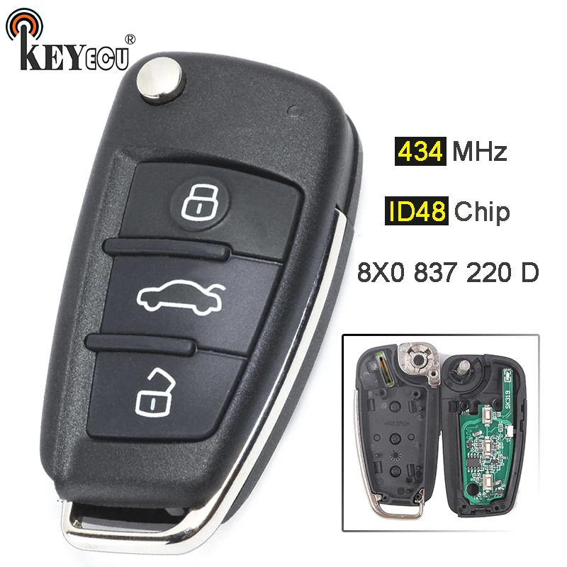 

KEYECU 434MHz ID48 Chip P/N: 8X0 837 220 D Upgraded Flip Folding 3 Button Remote Car Key Fob for Audi A1 Q3 R8 TT