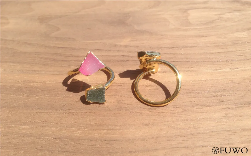 FUWO Необычные кольца с двойным камнем Druzy с 24K золотым наполнением минималистичный дизайн необработанные кольца Druzy для женщин Регулируемый размер RG016