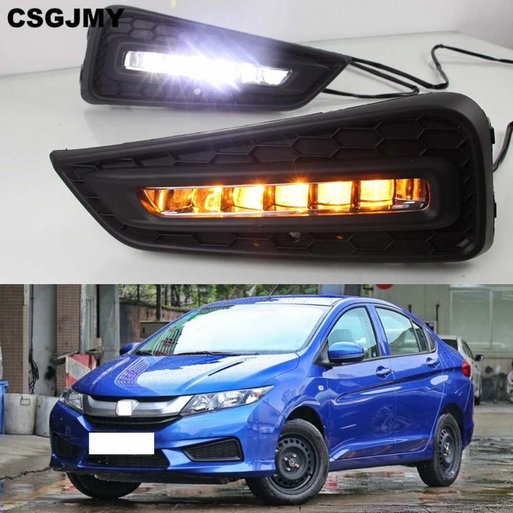 

CSGJMY 2PCS Day Light LED Daytime Running Light 12V DRL For Honda City 2015 2016 2017 With Yellow Color Turning Signal Lamp