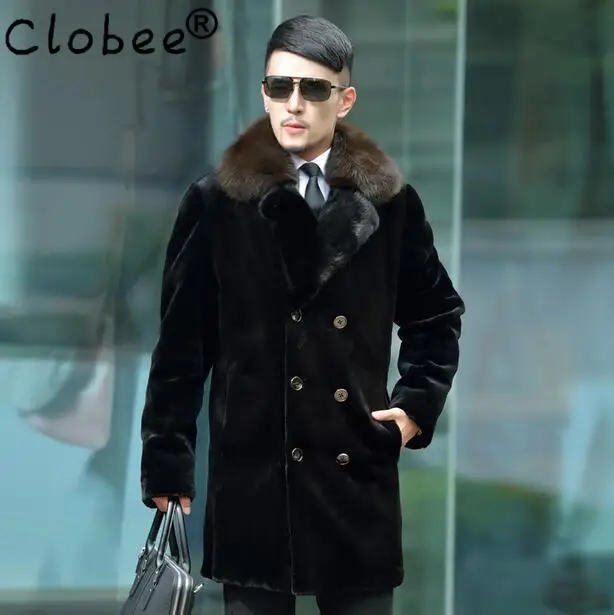 

Black warm faux imitation mink rabbit fur coat mens leather jacket double-breasted coats villus winter loose thermal outerwear