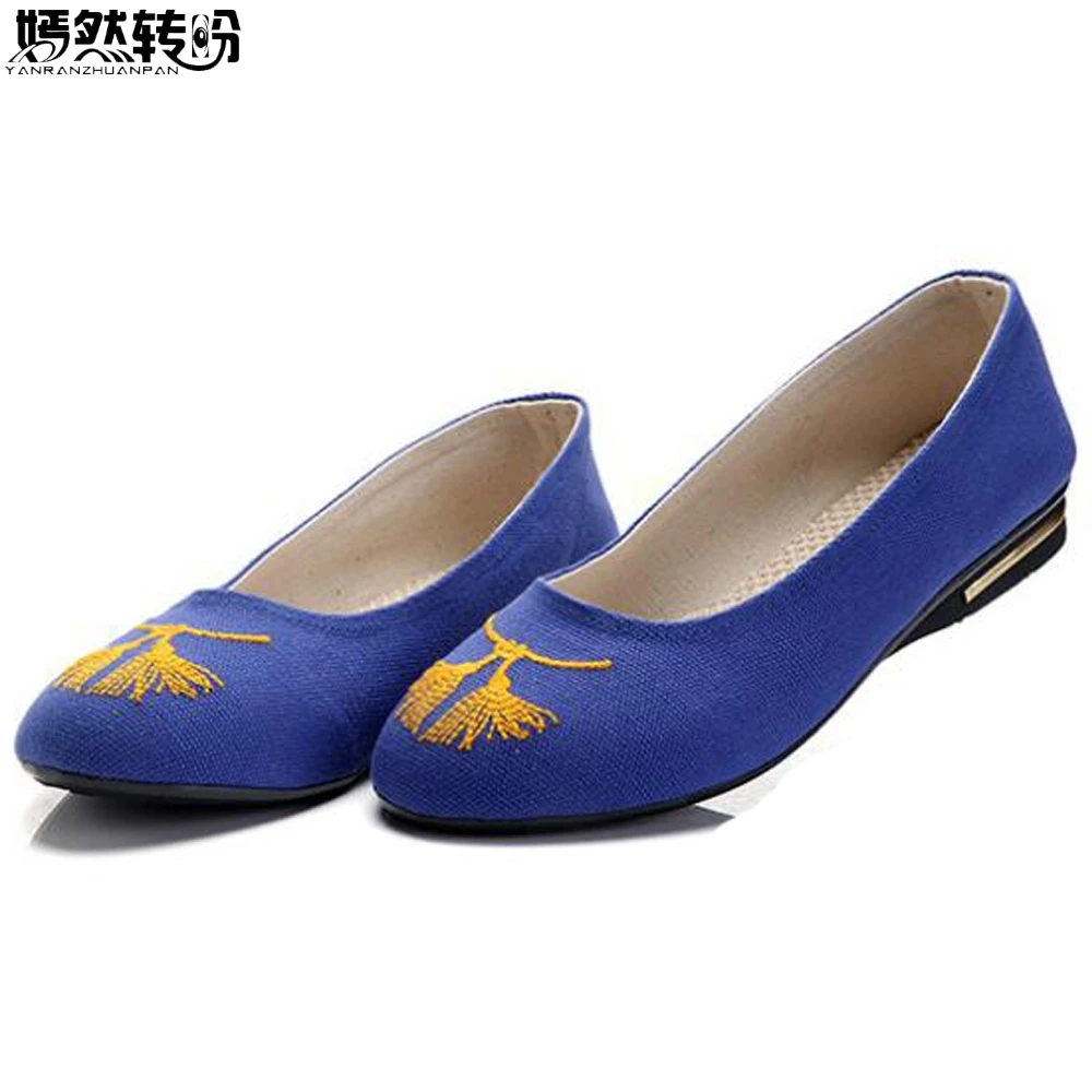 

Vintage Spring Summer Woman Flats Blue And White Flower Printed Ballet Shoes Point Toe Slip On Breathable Shoes For Pregnant