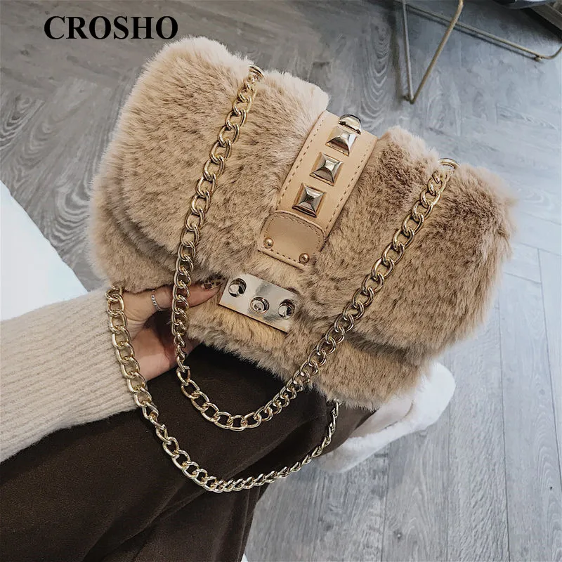 

CROSHO Wool Bag Autumn Winter New Style Chain Crossbody Bag Contracted Single Shoulder Small Square Bag Rivet