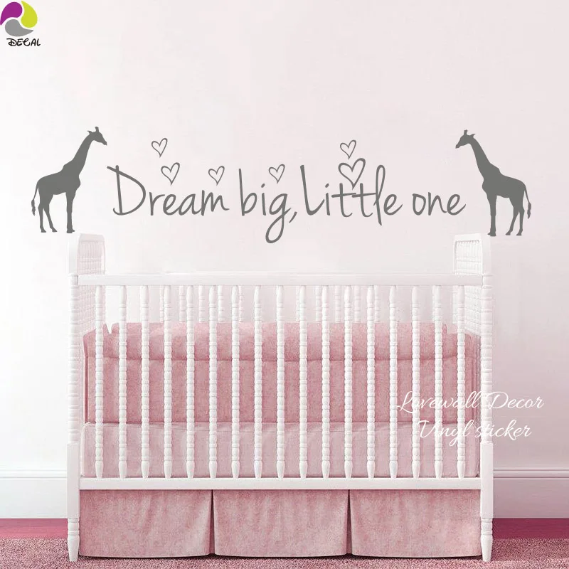Cartoon Giraffe Dream Big Little One Quote Wall Sticker Baby Nursery Cute Animal Inspiration Motivation Quote Zebra Decal Vinyl