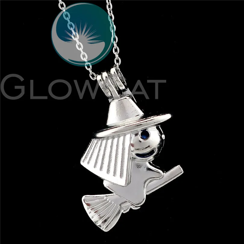 

R-K914 Witch Riding Broom Witchcraft Beads Cage Essential Oil Diffuser Aroma Locket Necklace Girl Friend Party Gift