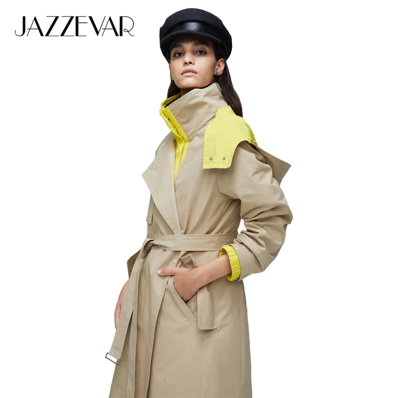 

JAZZEVAR2019 New arrival autumn trench coat women outerwear quality with a hood double breasted top long coat women fashion 9021