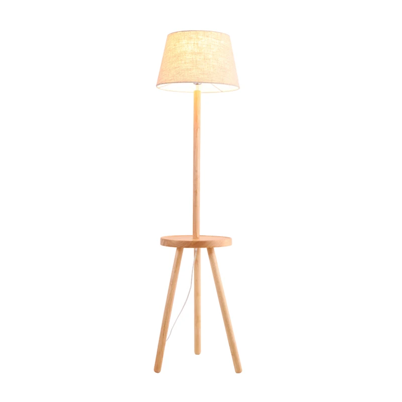 Nordic Floor Lamp with Wood Round Table white fabric shade sofa bedside floor light foyer sitting room warm E27 led lamp