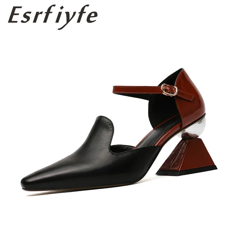 

ESRFIYFE 2019 New Arrive Genuine Leather Women Sandals Thick Heel Pointed Toe Shoes Woman Fashion Buckle Strap Party Shoes