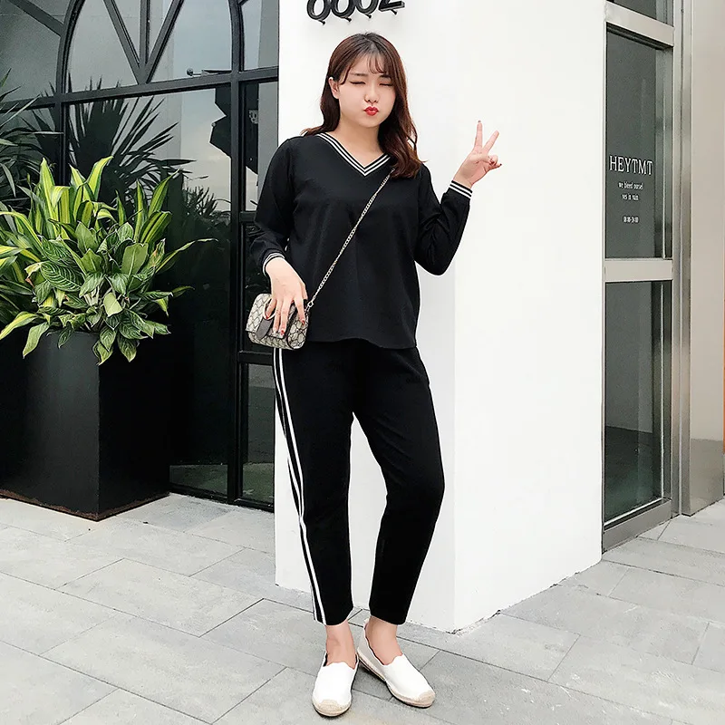 2018 Taille La Hiver Grande 3xl Xxl Femme 2 Femmes Plus Vêtements 4xl Automne Ensemble Costume Pantalons Pcs De Noir Et Tops Iqntw8xF