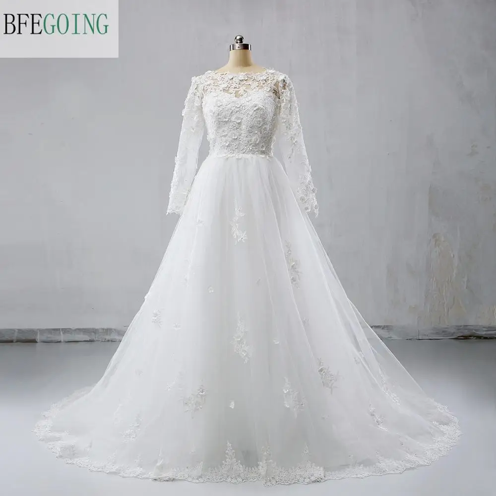 

White Lace Tulle Scoop A-line Wedding dresses Chapel Train Long Sleeves Real/Original Photos Custom Made