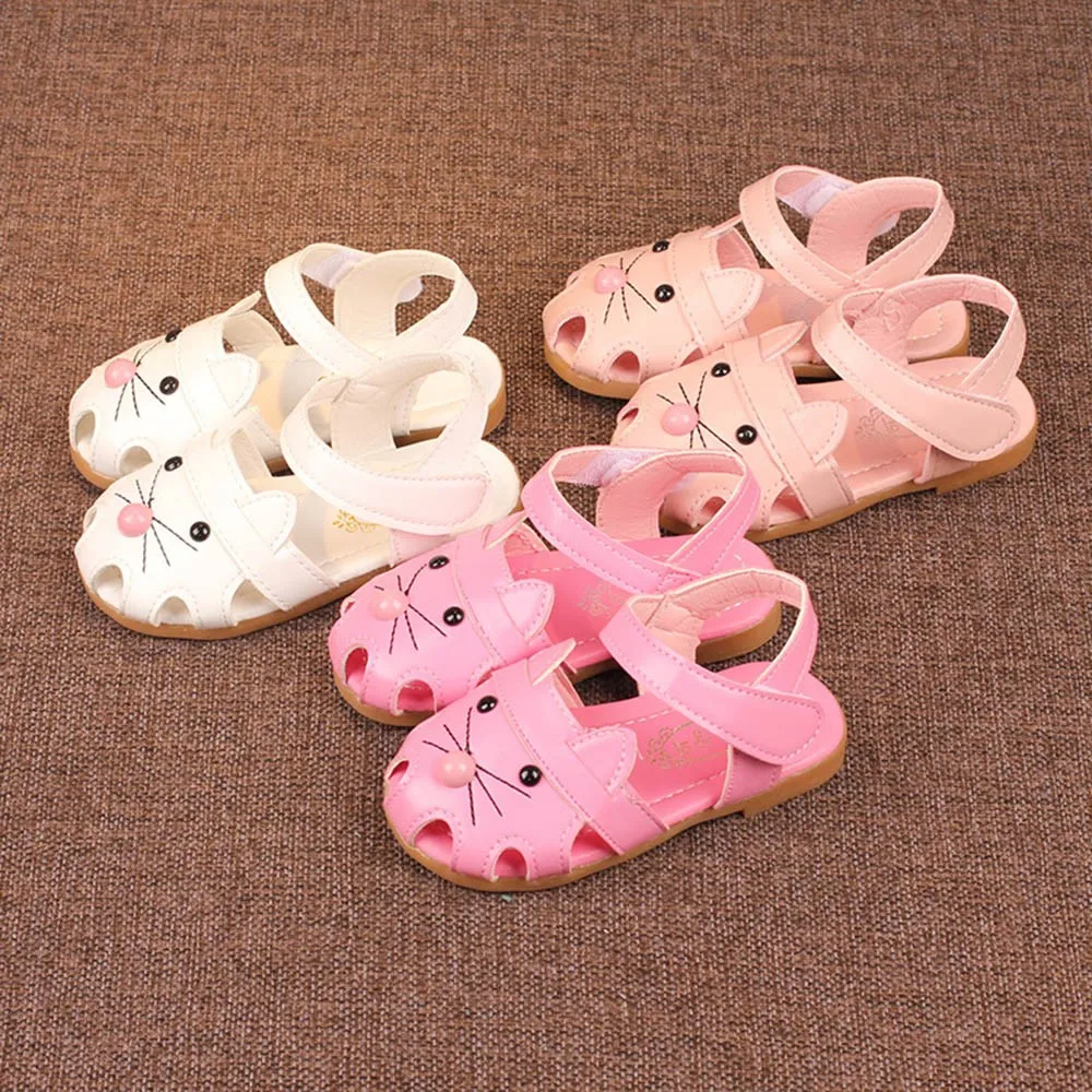 Детская обувь для девочек; Летние повседневные модные сандалии с рисунком кота; сандалии на полой подошве; пляжные мягкие туфли принцессы на застежке-липучке; детские кроссовки