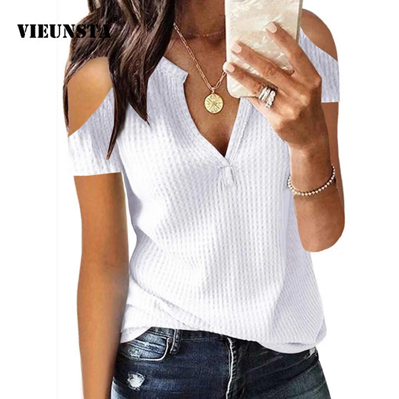 

VIEUNSTA Women Sexy Deep V-neck Knitted Womens Tops and Blouses 2019 Summer Off Shoulder Slim Fit Shirt Femme Solid Beach Blouse