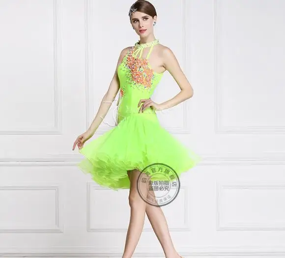 

green New customize latin Rumba cha cha salsa tango Latin dance competition dress with pearl beads