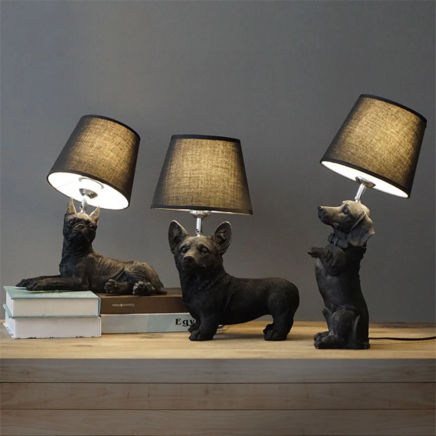 Dogs Anmails Table Lamp Black with Lampshades Art Decor Resin Table Lamp for Bedroom Living Room Children Room Kids Bedside Lamp