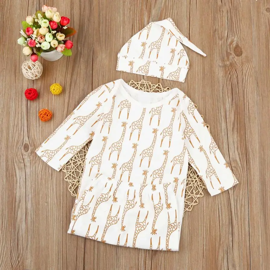 Toodler Infant Kids Baby Girls Boys Giraffe Pajamas Gown+Hat Outfits Clothes Set
