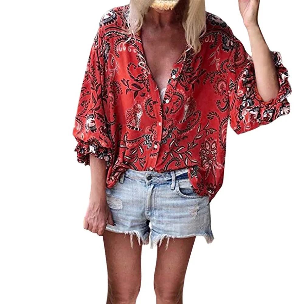 2019 Women's casual printed button lotus leaf sleeve shirt top and blouses summer sexy blouses women beach pretty blouses 40J12 (2)