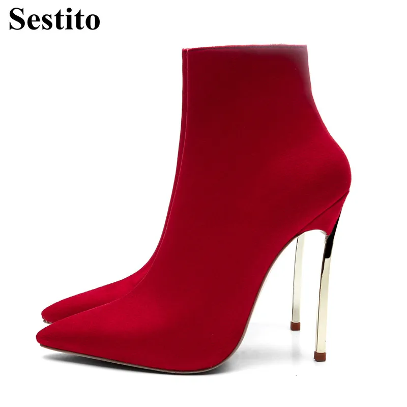 

New European Fashion Red Woman Boots Pointed Toe Ankle Boots For Women 12 cm Super High Thin Heels Zip Women Shoes Spring/Autumn