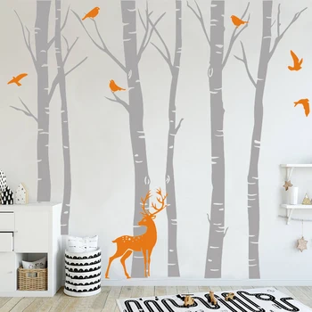 

Birch Tree Vinyl Wall Sticker Wall Decal Nature Birds Deer in Winter Nursery Woodland Forest Art Stickers Kids' Room Home Decor