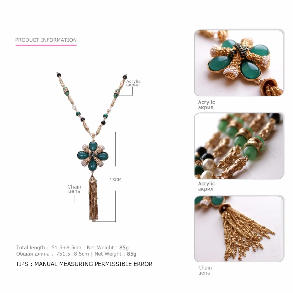 eManco Women's Long Luxury Zinc Alloy Tassel Pendent & Necklace with Imitation Pearl &Acrylic Vintage green Chain necklace
