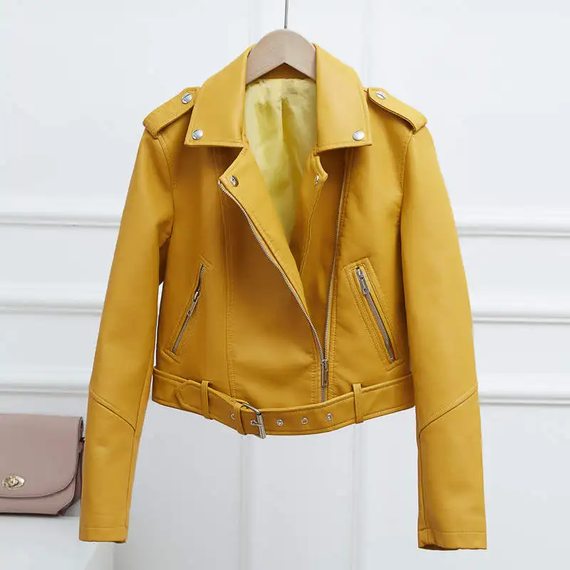 Куртка из искусственной кожи, женская модная черная мотоциклетная куртка, короткая байкерская куртка из искусственной кожи, тонкая женская куртка с регулируемой талией C5348 - Цвет: yellow