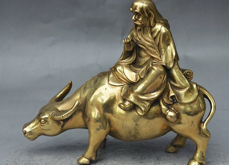 

9" China Folk Temple Brass Taoiosm Founder Lao Zi Lao Tzu Ride Bull Ox Statue
