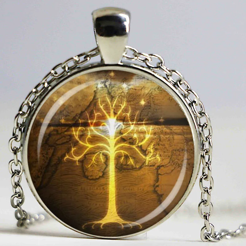 

Vintage White Tree of Gondor Glass Dome Pendant Necklace DIY Handmade Glod Tree of Life Jewelry Charm Fashion Gift