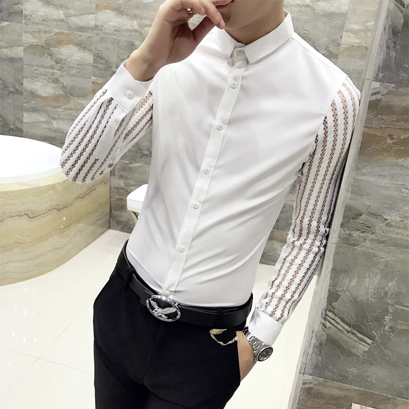 Kopen Mannen Shirt 2019 Spring Hollow Kant Patchwork Lange Mouw Mannen Streetwear Heren Shirts Casual Slim Fit Night Club Jurk smoking