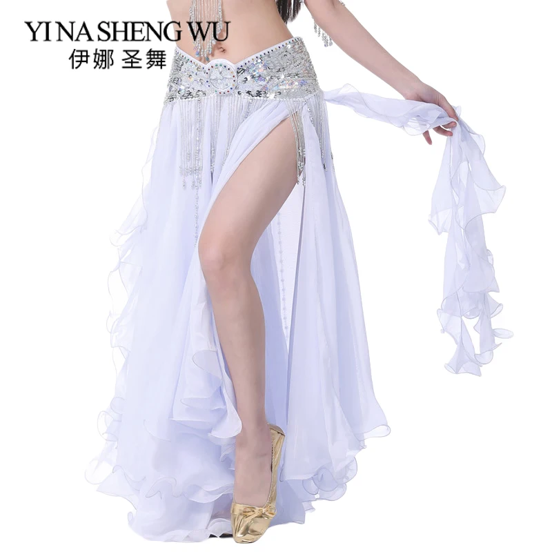 Chiffon Roll Leaf Double Slit Skirt Belly Dance Chiffon Skirt Belly Dance High Slit Women Dance Dress (Without Belt) 13 Colors