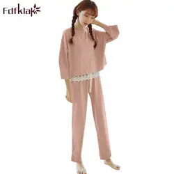 Fdfklak корейский новый пижамы для женщин Демисезонный пижамы Для женщин Повседневное хлопковые пижамы комплект свободные двух частей Одежда