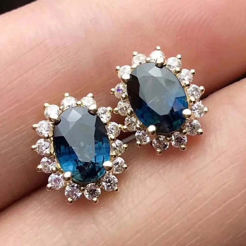 New! Fidelity natural 5*7mm sapphire stud earrings 18k gold classic