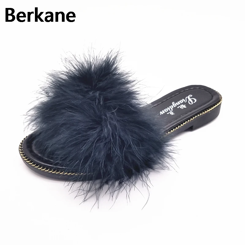 Summer Slides Sandals Fashion With Ostrich Feathers Slippers Beach Sweet Pantufa 2018 Fur Flip Flops Casual Flats Shoes Woman