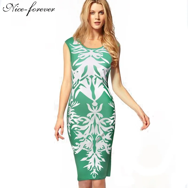 

Nice-forever print dresses women Autumn Women Elegant Contrast Floral Print dress Color Block Stretch Bodycon Midi dress 899